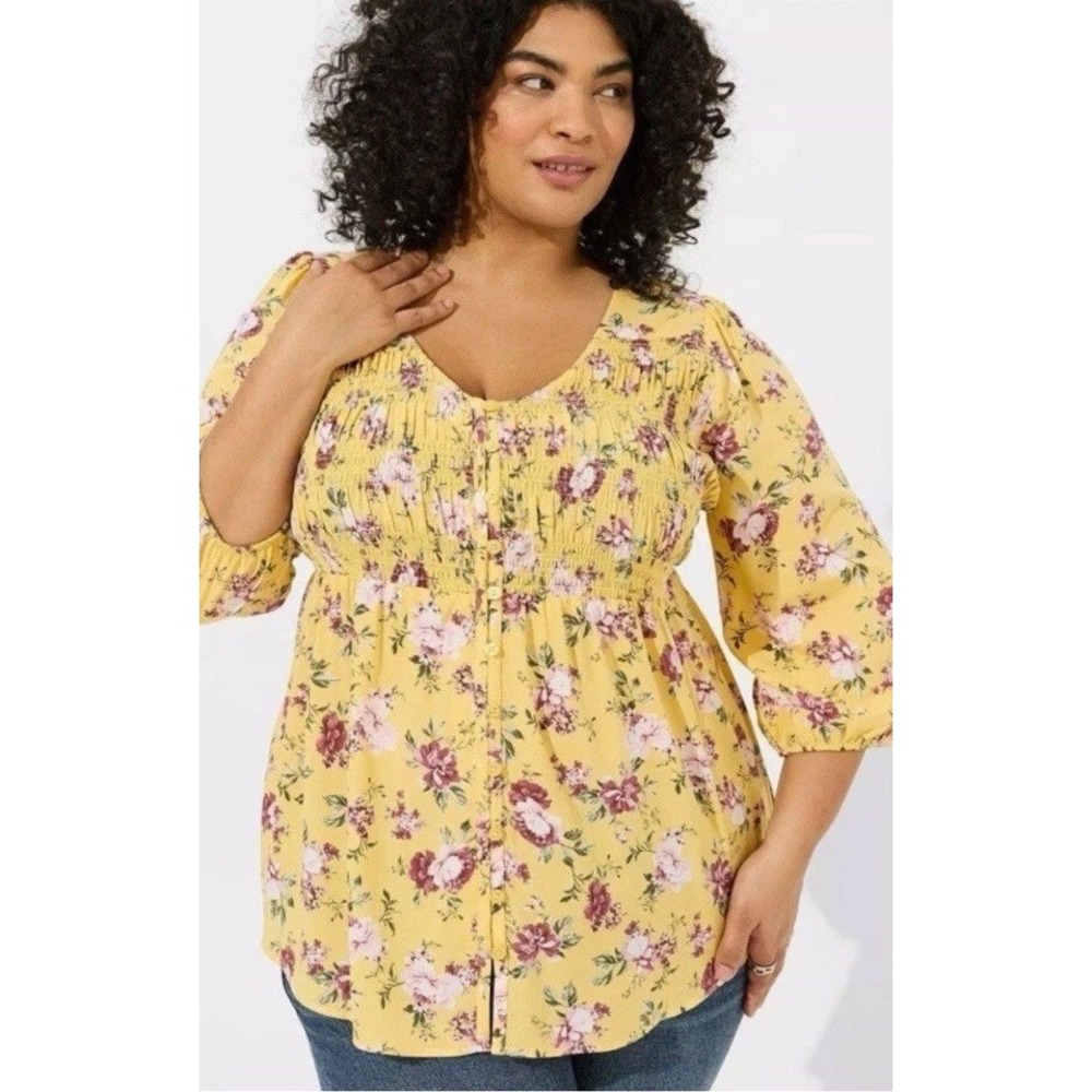 TORRID Challis Smocked 3/4 Sleeve Top Shirt Sz 2X Yellow Spring Floral Boho